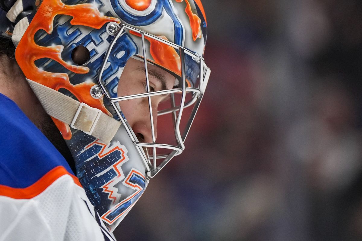 Edmonton Oilers goalie Stuart Skinner looks on during a stoppage in play during the third period of an NHL hockey game against the Vancouver Canucks, in Vancouver, on Saturday, November 9, 2024.