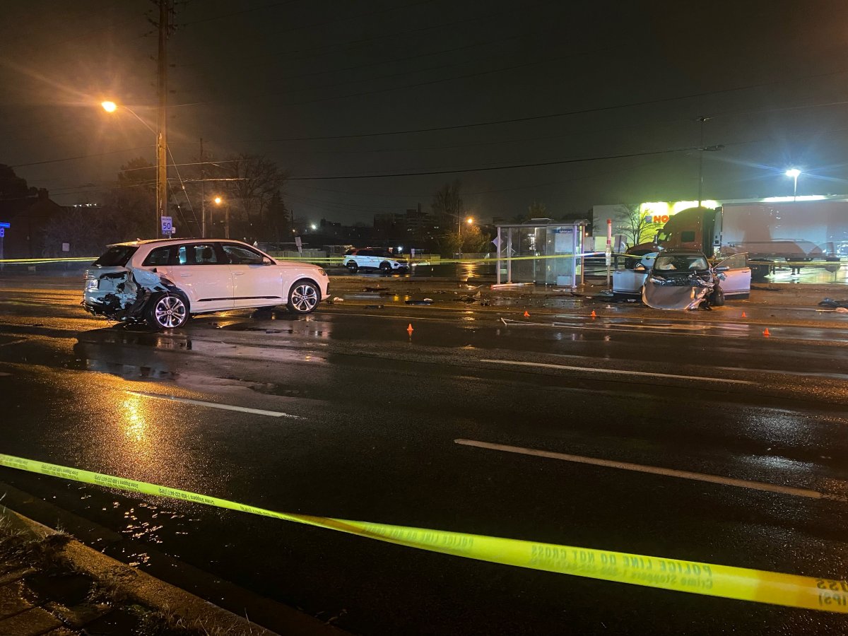 Police tape surrounds a crash in Scarborough.