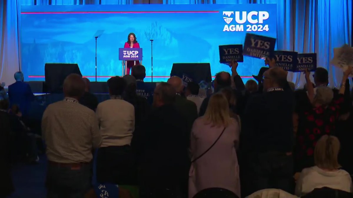 Alberta Premier Danielle Smith speaking to party members at the UCP AGM in Red Deer, Nov. 2, 2024.