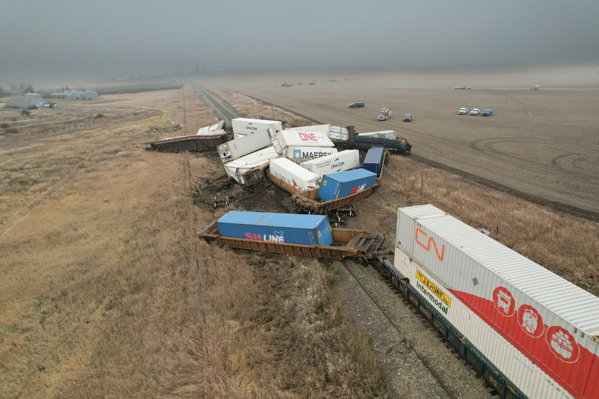 Emergency crews were called out to a train derailment east of Beiseker, Alta. on Friday, Nov. 1, 2024 that involved at least one car leaking dangerous goods.