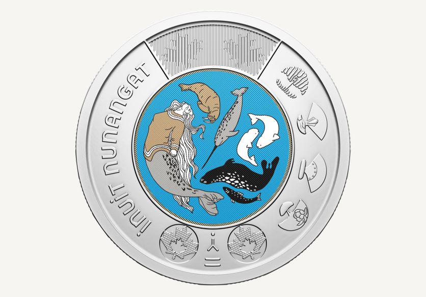 Representing a first for a Canadian circulation coin, the reverse design of the $2 Celebrating Inuit Nunangat commemorative circulation coin was created jointly by four Inuit artists.