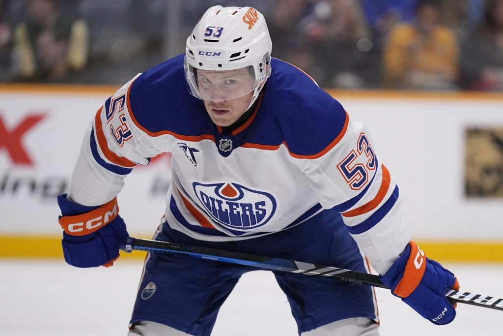 Edmonton Oilers centre Jeff Skinner (53) plays during the first period of an NHL hockey game against the Nashville Predators, Thursday, Oct. 31, 2024, in Nashville, Tenn.