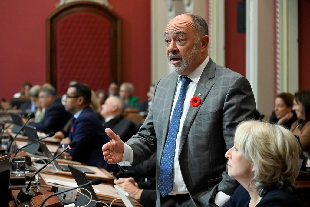 Quebec Health Minister Christian Dubé responds to the Opposition during question period, Tuesday, Nov. 5, 2024, at the legislature in Quebec City.