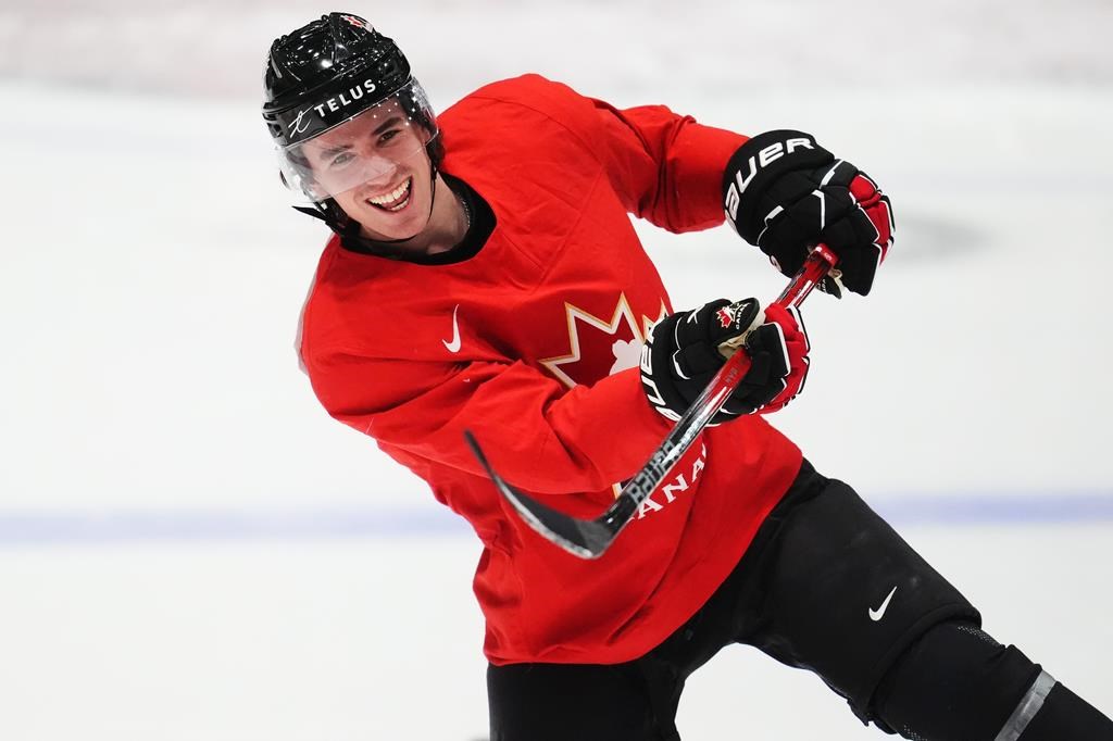 Brayden Yager takes a shot during the first day of the Canadian World Junior Hockey Championships selection camp in Ottawa on December 10, 2024.