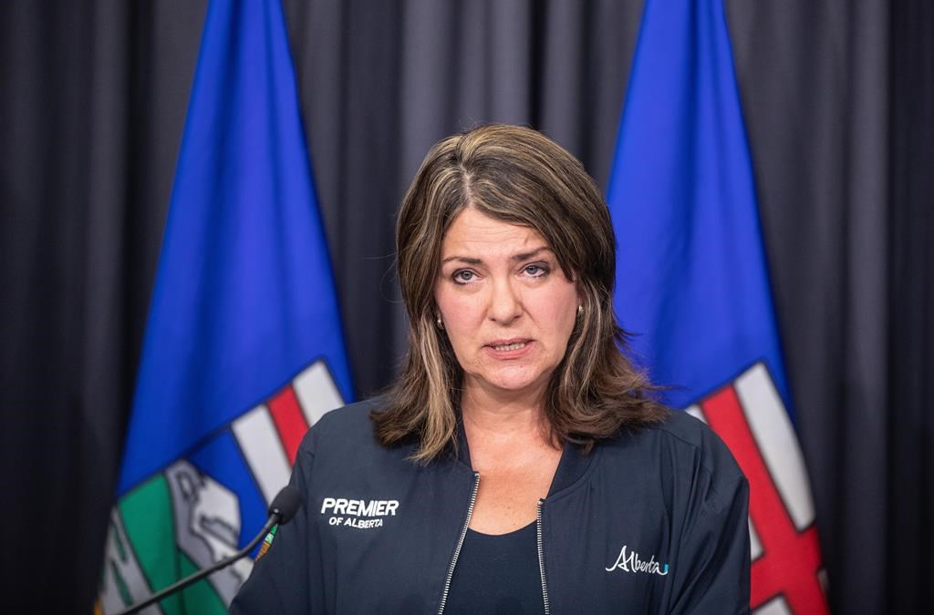 Alberta Premier Danielle Smith speaks in Edmonton on July 25, 2024.