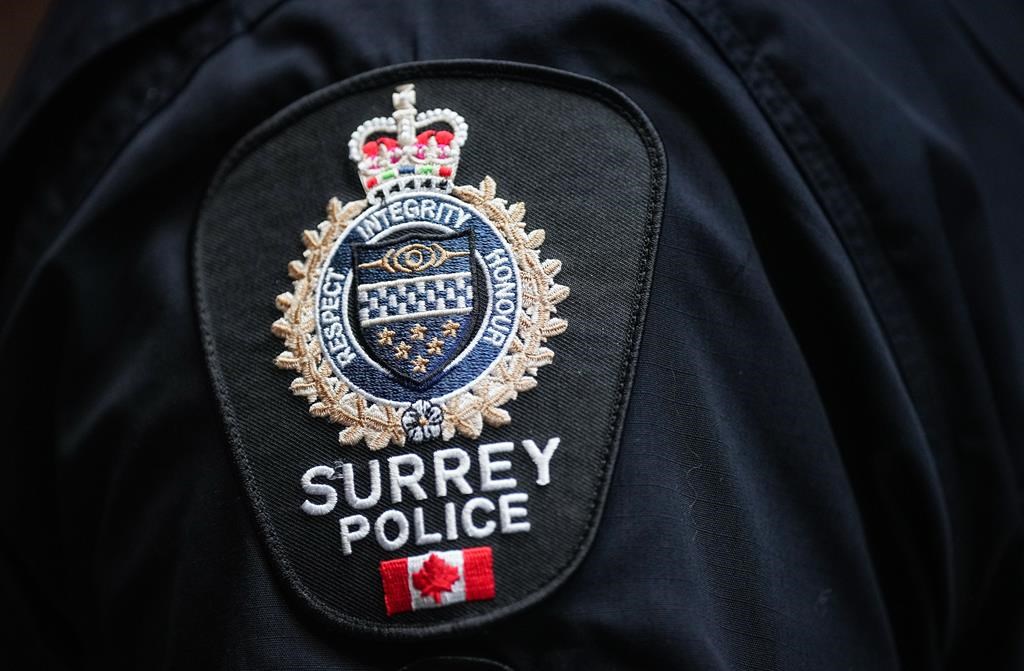 A Surrey Police patch on an officer's uniform.