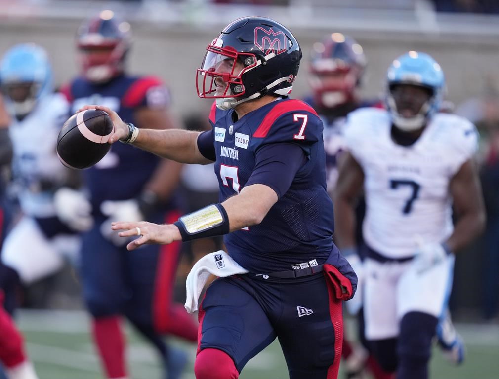 Montreal Alouettes quarterback Cody Fajardo (7) scrambles during first quarter CFL Eastern Conference Final football action Saturday, November 9, 2024 in Montreal.