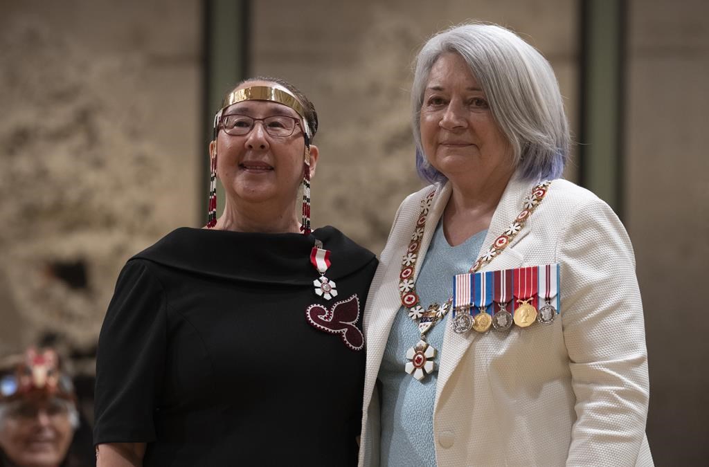 Gov. Gen. Mary Simon stands with Nancy Karetak-Lindell after investing her in the Order of Canada during a National Indigenous Peoples Day ceremony at Rideau Hall, in Ottawa, Wednesday, June 21, 2023. Prime Minister Justin Trudeau has appointed Karetak-Lindell to the Senate. 