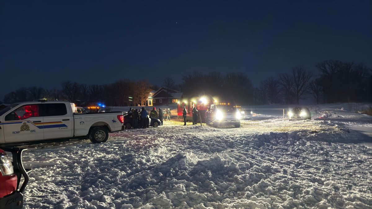 The Hutterian Emergency Aquatic Response Team (HEART), RCMP, and La Broquerie Fire Department respond to an incident in the RM of Hanover on Dec. 24, 2024.