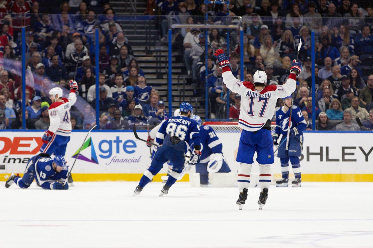 Montreal Canadiens right wing Josh Anderson (17) celebrates after a goal during the second period of an NHL hockey game against the Tampa Bay Lightning, Sunday, Dec. 29, 2024, in Tampa, Fla. 