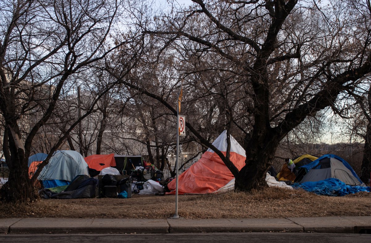 A homeless encampment near downtown Edmonton is shown on Monday December 18, 2023.