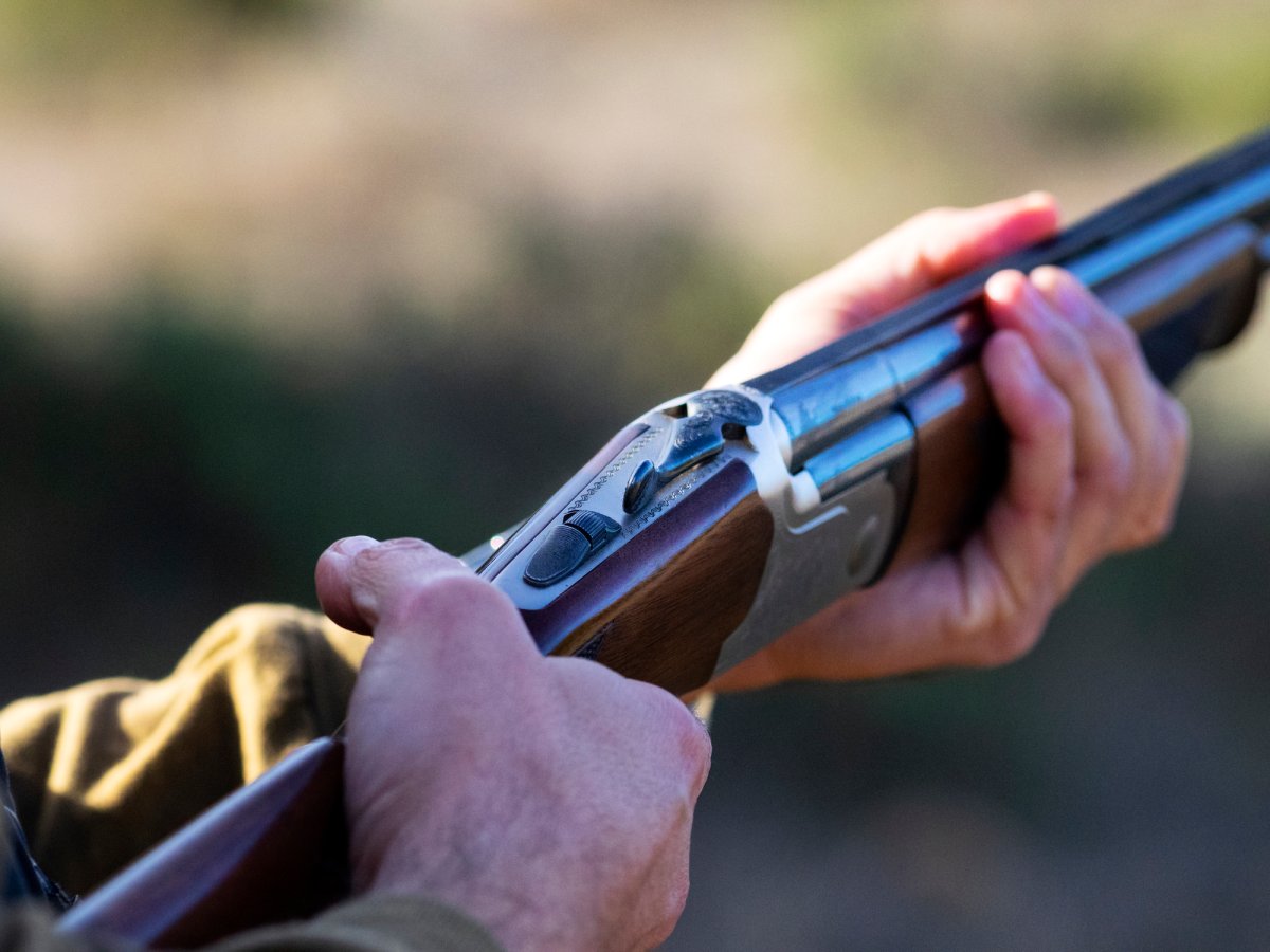 A hunter is seen holding a gun.