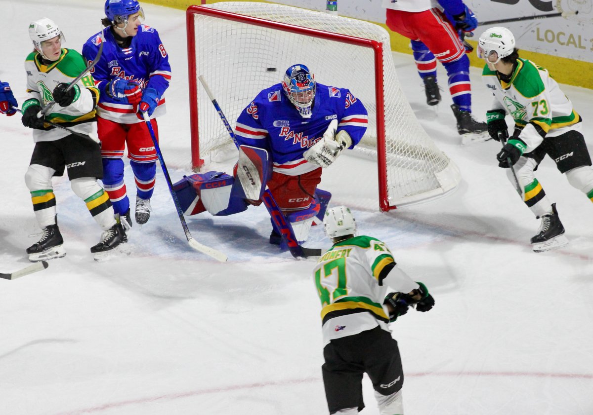 Blake Montgomery of the London Knights scores on Kitchener Rangers goalie Jackson Parsons in a game played on Dec. 15, 2024.