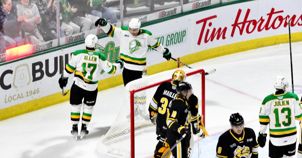 Cam Allen celebrates his second period goal for the London Knights in a 9-3 win over the Sarnia Sting on Dec. 31, 2024.