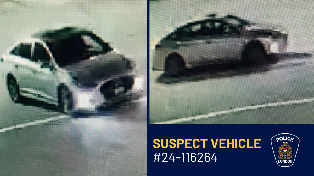 The vehicle involved in the shooting at London Health Sciences Centre is described as a 4-door silver or grey sedan, possibly a Hyundai Sonata.