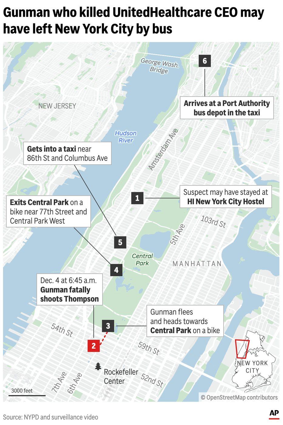 The graphic above shows the location of the UnitedHealthcare CEO shooting and escape route a suspected gunman took. (AP Digital Embed)