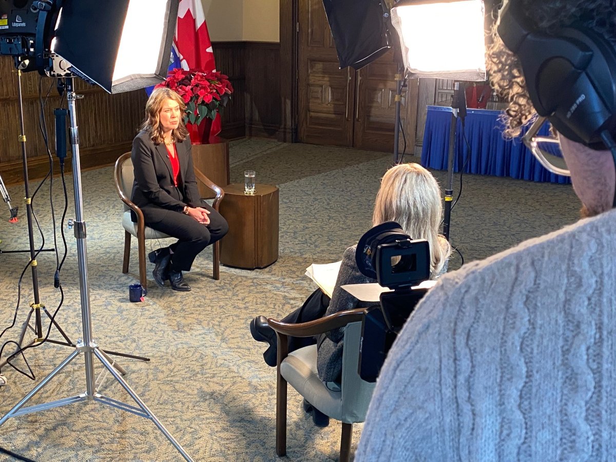 Alberta Premier Danielle Smith is interviewed by Global Calgary's Dallas Flexhaug in 2024.