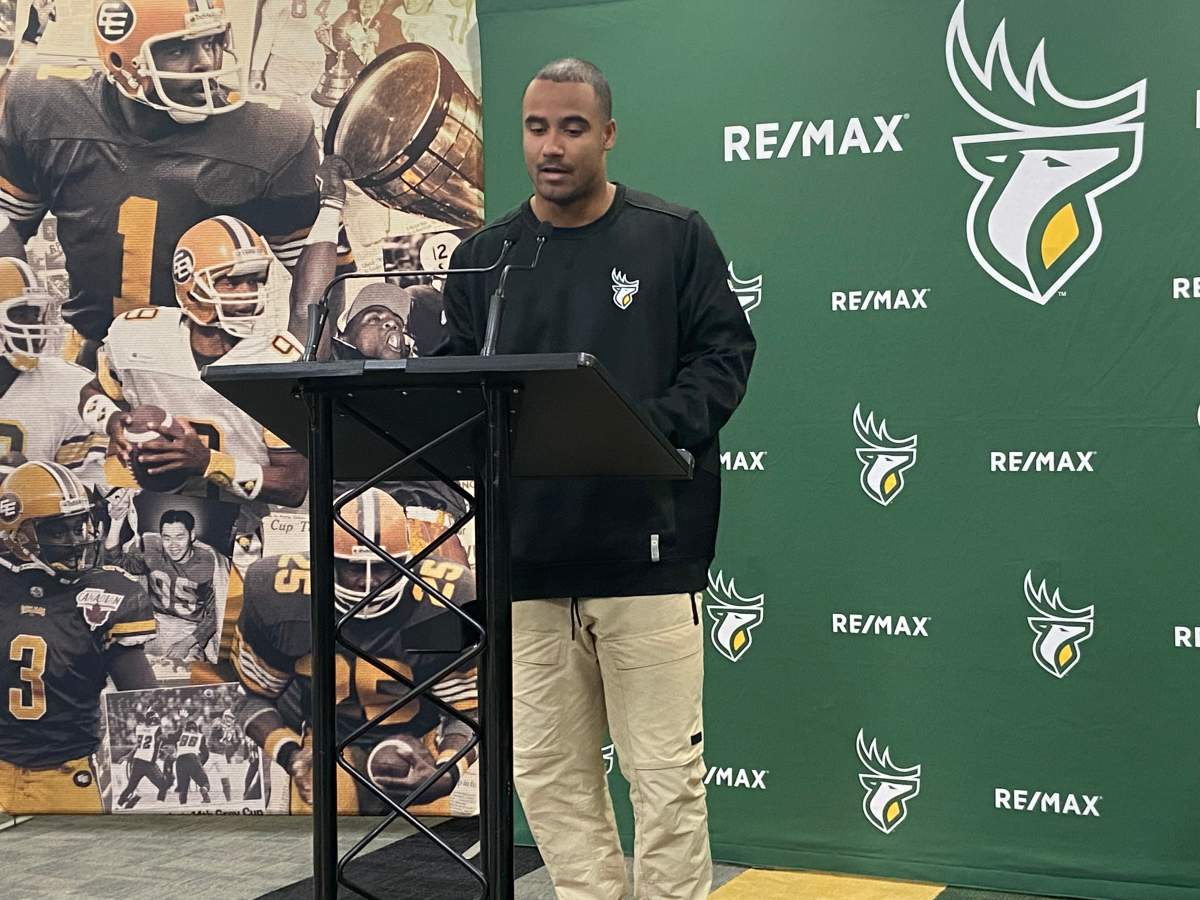 Edmonton Elks quarterback Tre Ford speaks at a news conference at Commonwealth Stadium on Dec. 9, 2024.