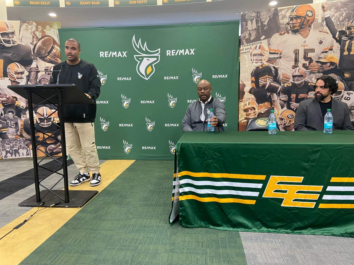 Edmonton Elks quarterback Tre Ford speaks at a news conference at Commonwealth Stadium on Dec. 9, 2024.