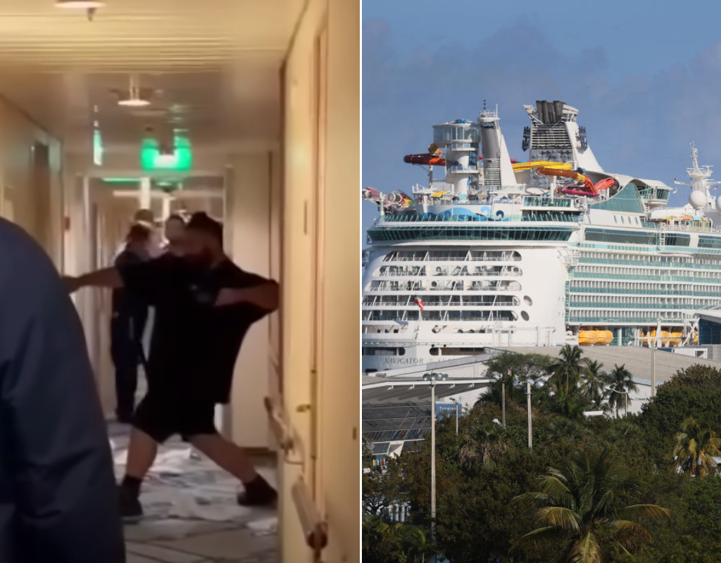 Michael Virgil (L) is seen trying to kick down a door on the Navigator of the Seas cruise ship (R).