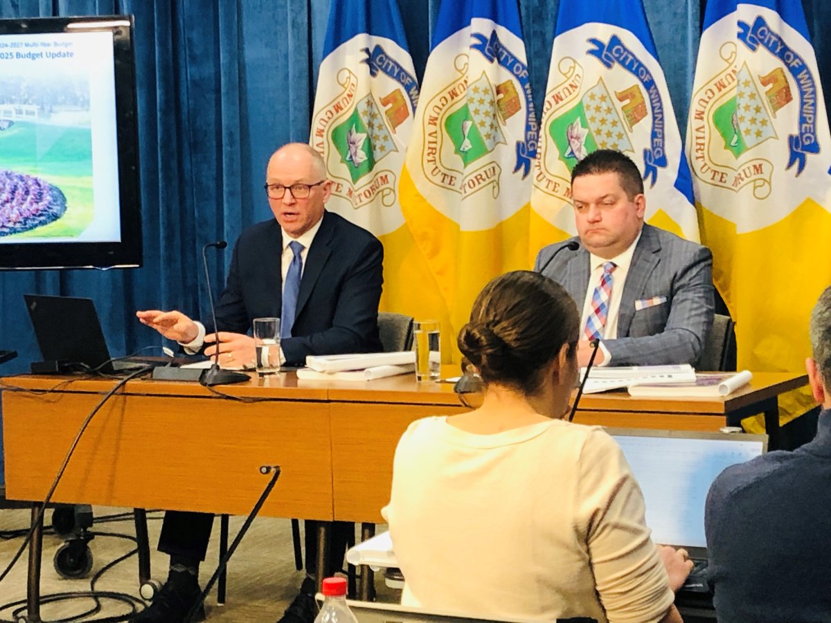 Winnipeg mayor Scott Gillingham and Coun. Jeff Browaty speak to media from City Hall on Dec. 11, 2024.