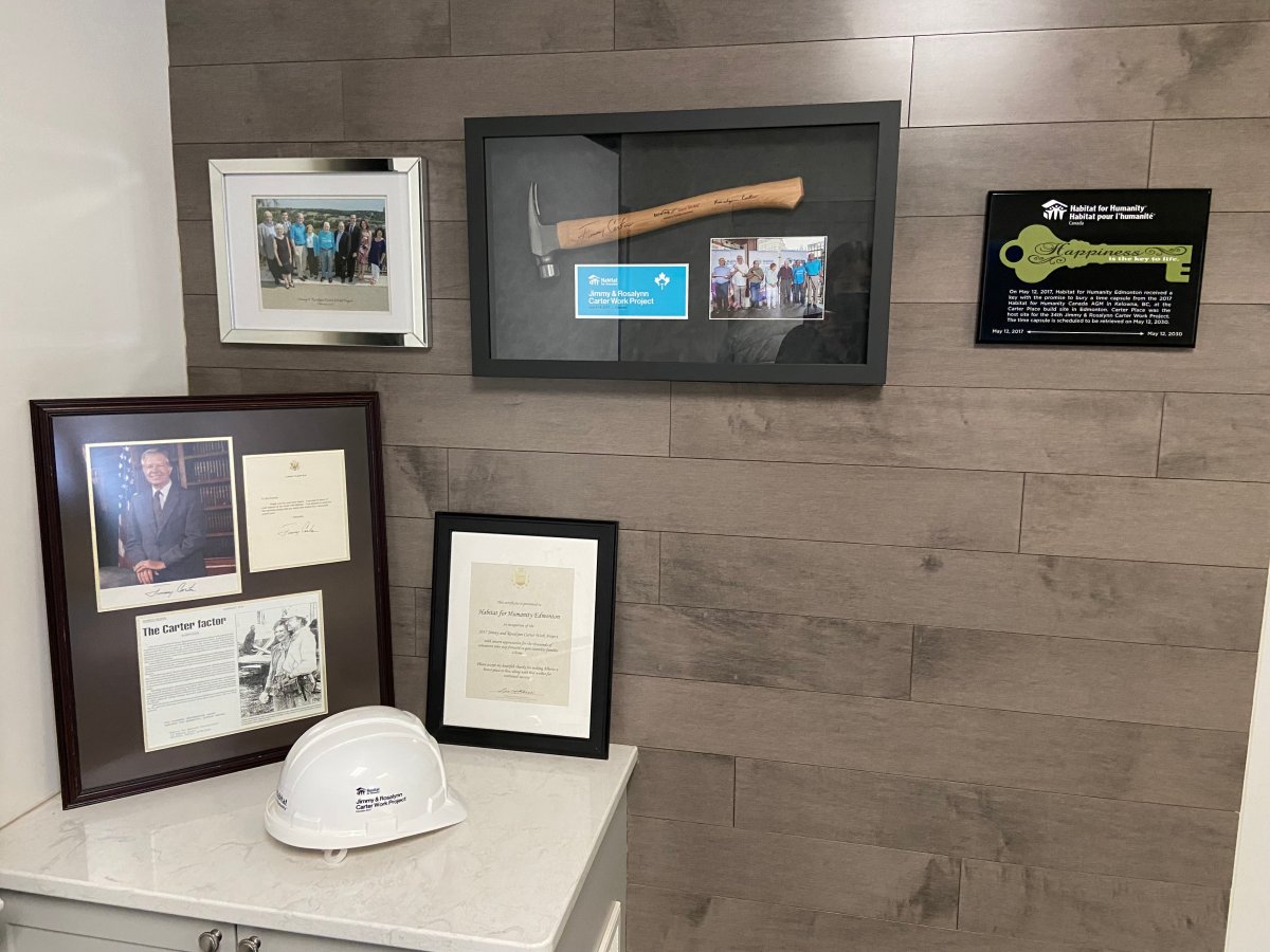 The wall dedicated to President Jimmy Carter and his wife Rosalynn at Edmonton’s Habitat for Humanity Office.