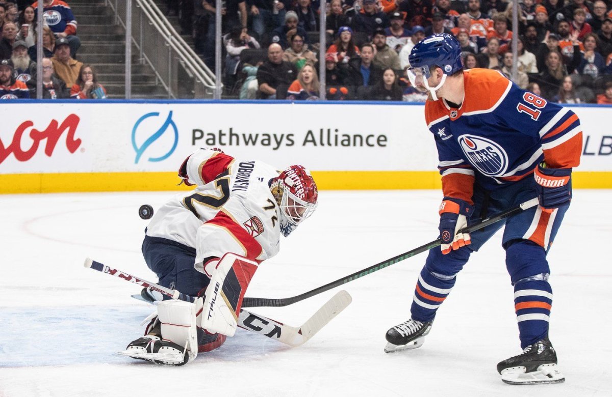 Florida Panthers goalie Sergei Bobrovsky (72) is scored on by Edmonton Oilers' Zach Hyman (18) during second period NHL action in Edmonton on Monday, Dec. 16, 2024. THE CANADIAN PRESS/Jason Franson.