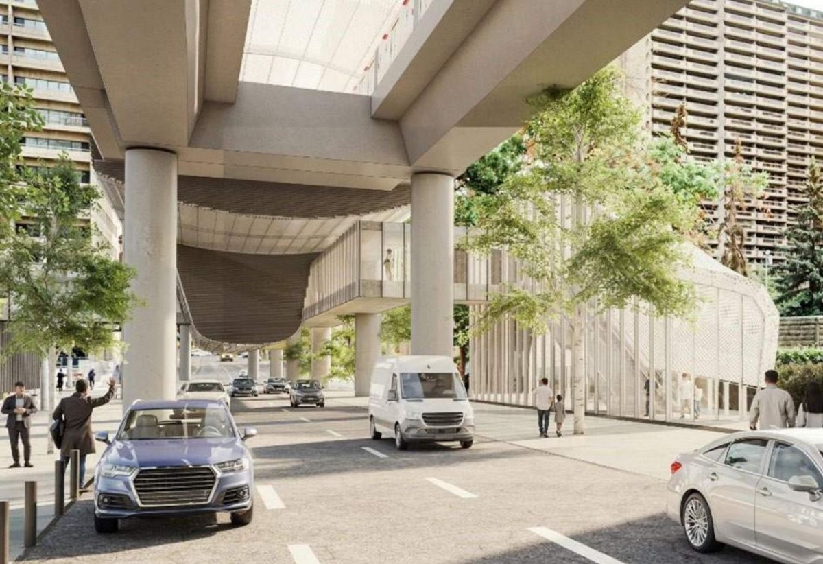 The Alberta government's preferred option for Calgary's new Green Line LRT project would include an elevated track through the downtown. This artist rendering shows what it could look like near 1 Street and 7 Avenue SE.