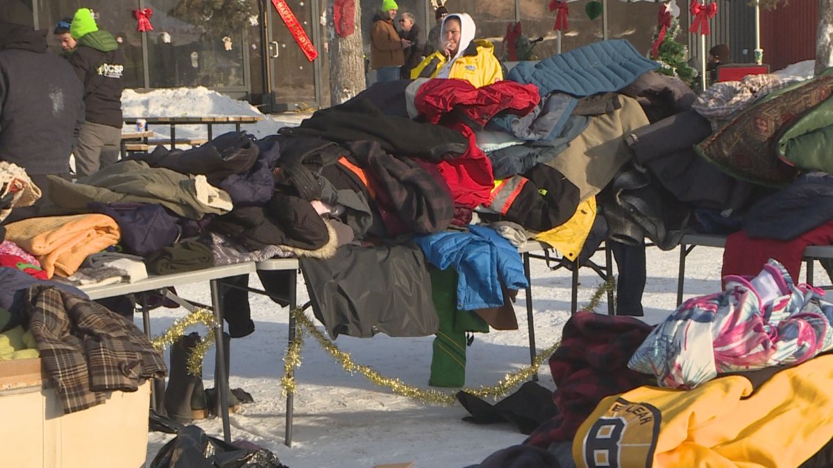 Some donations stacked on a table outside N’Dinawemak on Dec. 20, 2024.