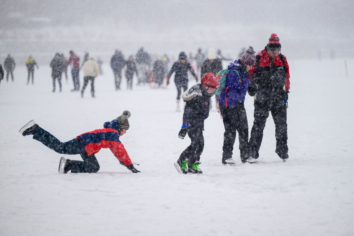 A skater falls after going over the uneven surface of the Rideau Canal Skateway in Ottawa after its reopening on Sunday, Feb. 18, 2024.