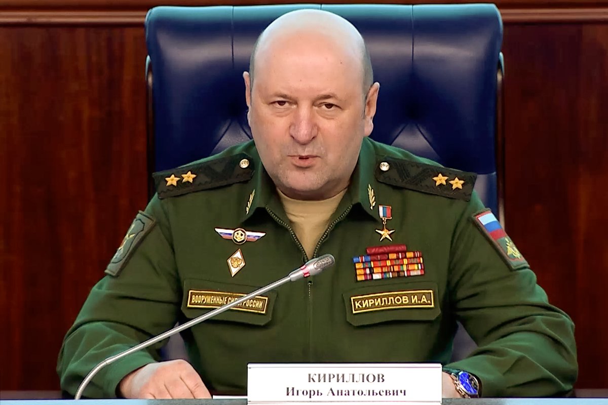 FILE - In this photo taken from video released by Russian Defense Ministry Press Service on Feb. 28, 2023, the head of the radiation, chemical and biological defence troops of the Russian Armed Forces Lt. Gen. Igor Kirillov speaks during a briefing in Moscow, Russia.