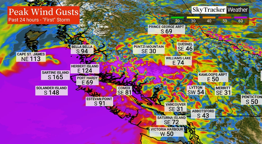 A look at the peak winds gusts on B.C.'s South Coast as of 9 a.m. on Tuesday morning.
