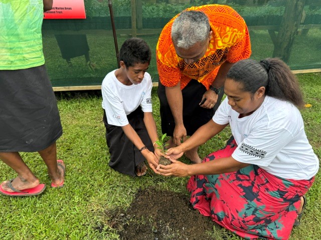 Vunaniu Vilage leader Keni Bukarau (middle) helps plant one of the first seedlings as part of this community-led sustainable solution.