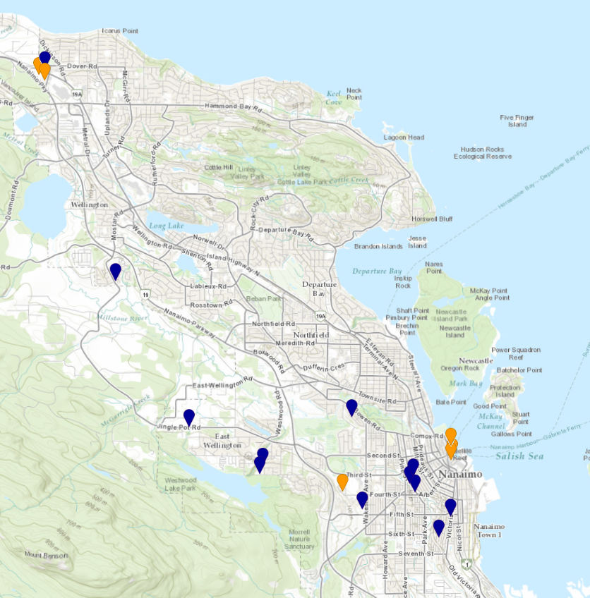 A map showing areas where vehicles were targeted with vandalism overnight in Nanaimo.