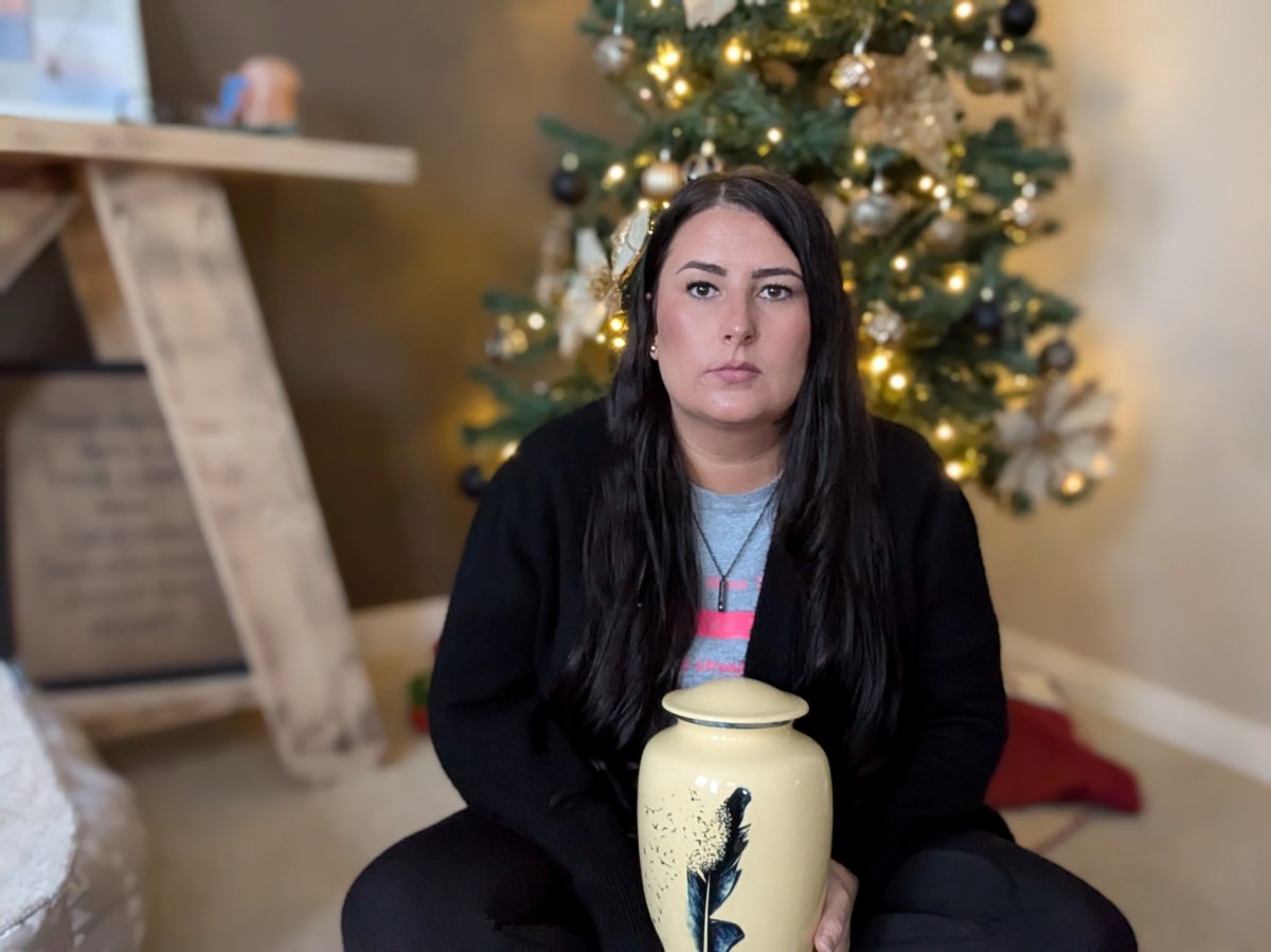 "This is all that I have left," says Brittanie Chabot, as sits with an urn containing the ashes of her mother, 57-year-old Marlene Fidler, who died when she was struck by a pickup truck on a S.E. Calgary street in October 2024.