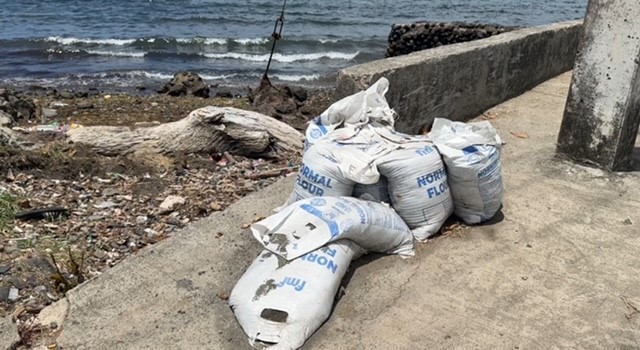 Sandbags sit ready for use at the shoreline of Levuka, Fiji’s first capital.