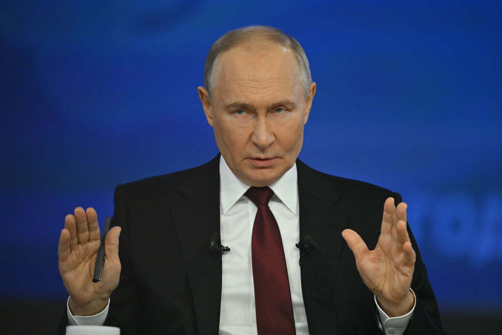 Vladimir Putin attends annual special televised question-and-answer session and year-end news conference scheduled to take place at the Gostiny Dvor trade and exhibition center in Russia, Moscow on December 19, 2024.