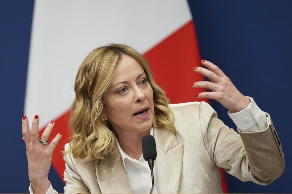 Italian Premier Giorgia Meloni holds the 2024 year-end press conference, in Rome, Thursday, Jan. 9, 2025. (AP Photo/Alessandra Tarantino).
