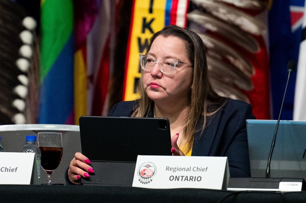 Assembly of First Nations National Chief Cindy Woodhouse Nepinak is seen during the first day of the AFN Special Chiefs Assembly in Ottawa, Tuesday, Dec. 3, 2024. Nepinak says First Nations should be at the centre of any discussions on how the country should respond to threats of tariffs and on territorial sovereignty by president-elect Donald Trump.