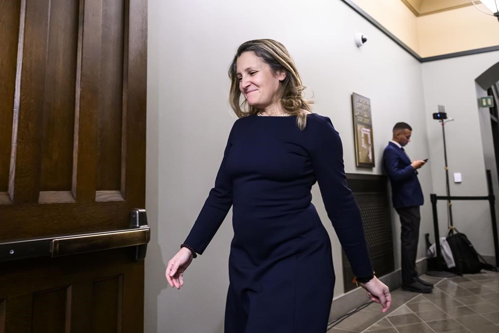 Liberal MP Chrystia Freeland, former minister of finance and deputy prime minister, leaves after attending a meeting of the Liberal caucus in West Block on Parliament Hill on Wednesday, Jan. 8, 2025. Freeland was in Vancouver on Tuesday and released her campaign platform.