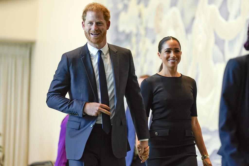 FILE -Prince Harry and Meghan Markle arrive at United Nations headquarters, July 18, 2022.