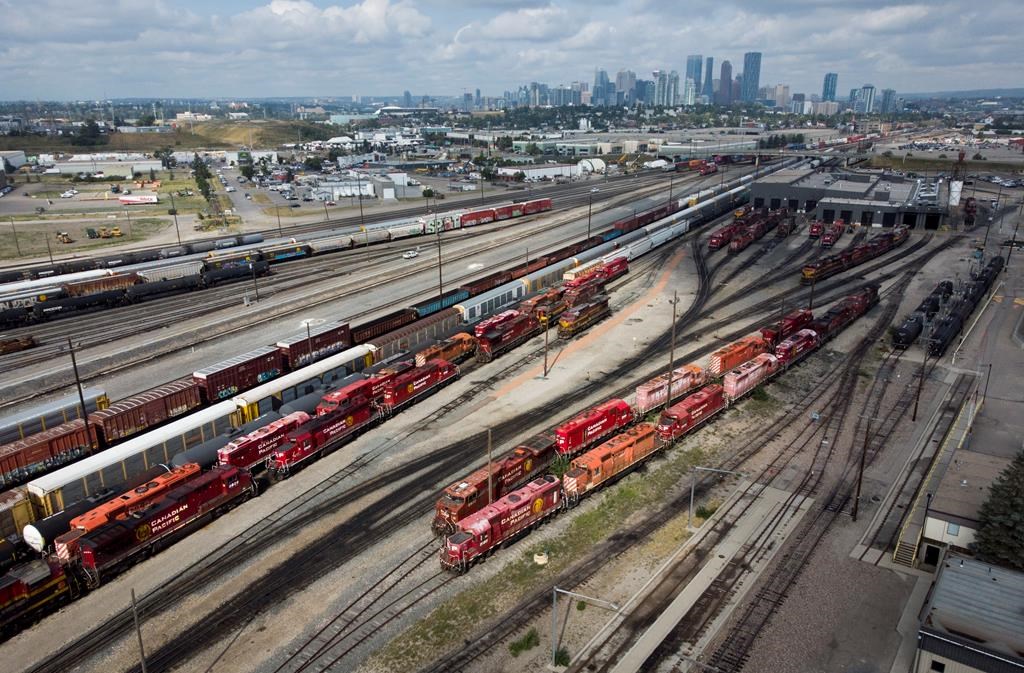 Railcars and locomotives are shown at the CPKC railyard in Calgary on Aug. 22, 2024.