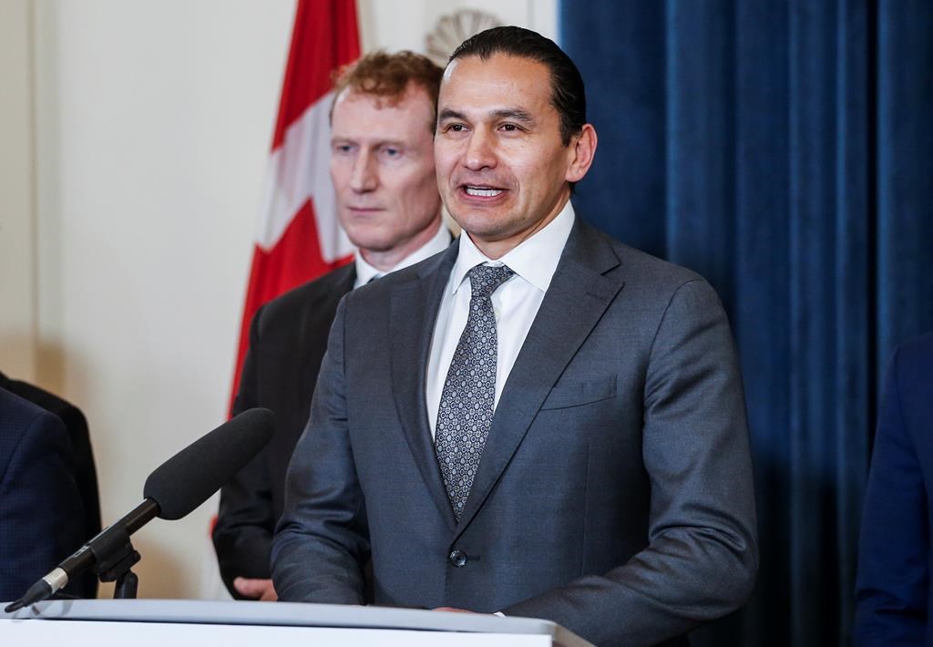 Manitoba Premier Wab Kinew speaks at the Manitoba Legislature in Winnipeg on Jan. 16, 2025. THE CANADIAN PRESS/John Woods.