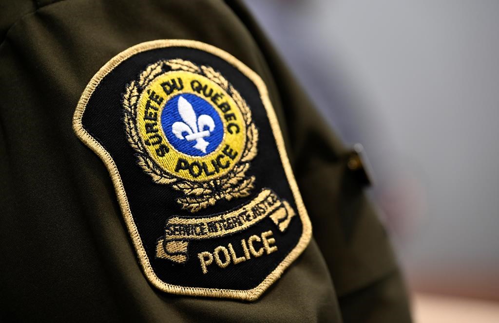 The Surete du Quebec, or Quebec Provincial Police patch at a news conference, in Quebec City, Thursday, Feb. 29, 2024. THE CANADIAN PRESS/Jacques Boissinot.