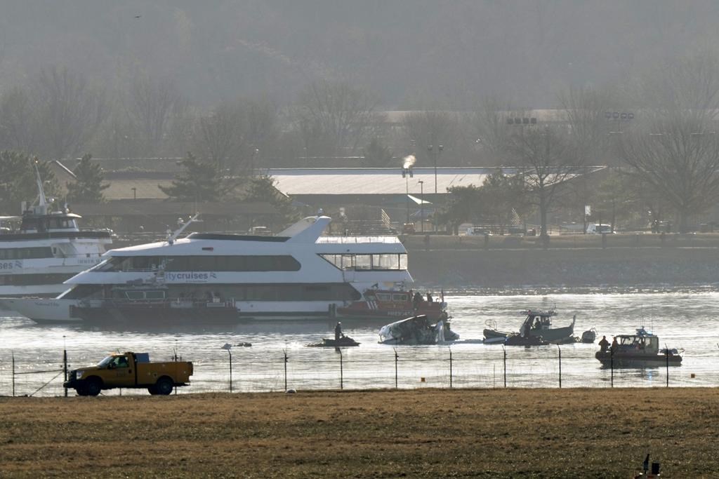 Search and rescue efforts are seen around a wreckage site in the Potomac River from Ronald Reagan Washington National Airport, early Thursday morning, Jan. 30, 2025, in Arlington, Va.