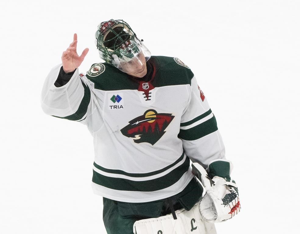 Minnesota Wild goaltender Marc-Andre Fleury (29) acknowledges the crowd following his NHL hockey shutout win against the Montreal Canadiens in Montreal on Thurs., Jan. 30, 2025.