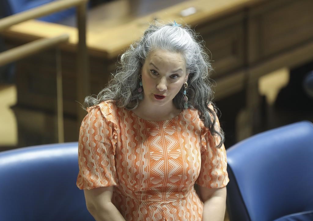 Nahanni Fontaine, Manitoba's minister of families, speaks in the house during question-and-answer period at the legislative building in Winnipeg, on Wednesday, May 20, 2020.
