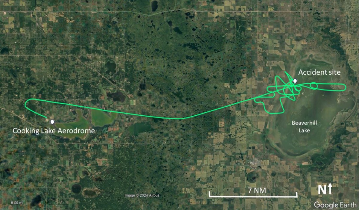 The flight path and crash site location near Cooking Lake, Alta. on Aug. 11, 2023.