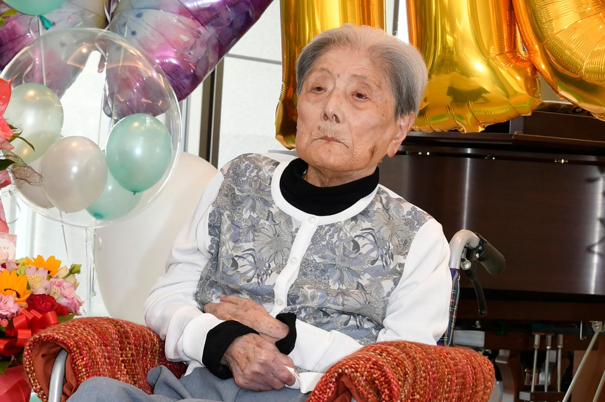 FILE - This photo provided by Ashiya City shows Tomiko Itooka, being celebrated for her 116th birthday at the nursing home she lives in Ashiya, western Japan, on May 23, 2024.