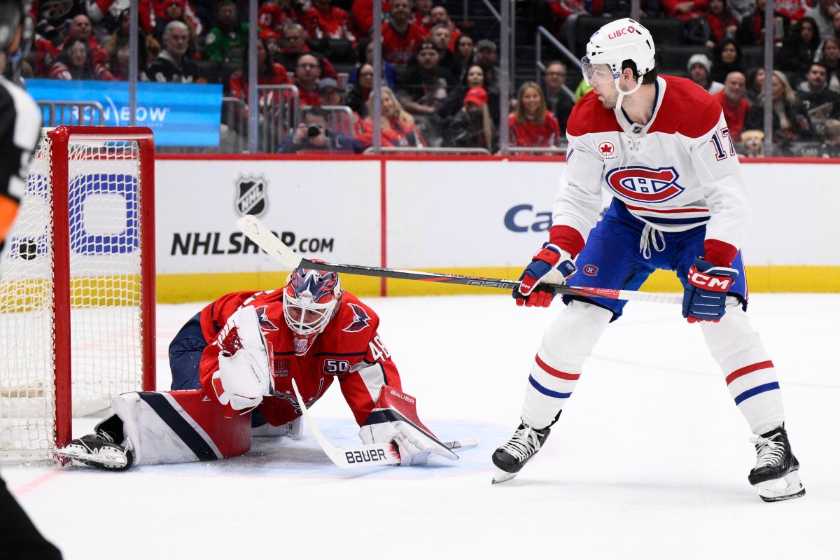 Montreal Canadiens right wing Josh Anderson (17) scores a goal past Washington Capitals goaltender Logan Thompson (48) during the second period of an NHL hockey game, Friday, Jan. 10, 2025, in Washington.